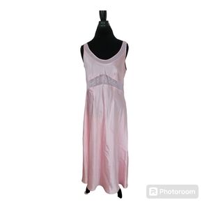 Enchanting Pink Satin Floor Length Nightgown Embroidery on Sheer Inserts Large